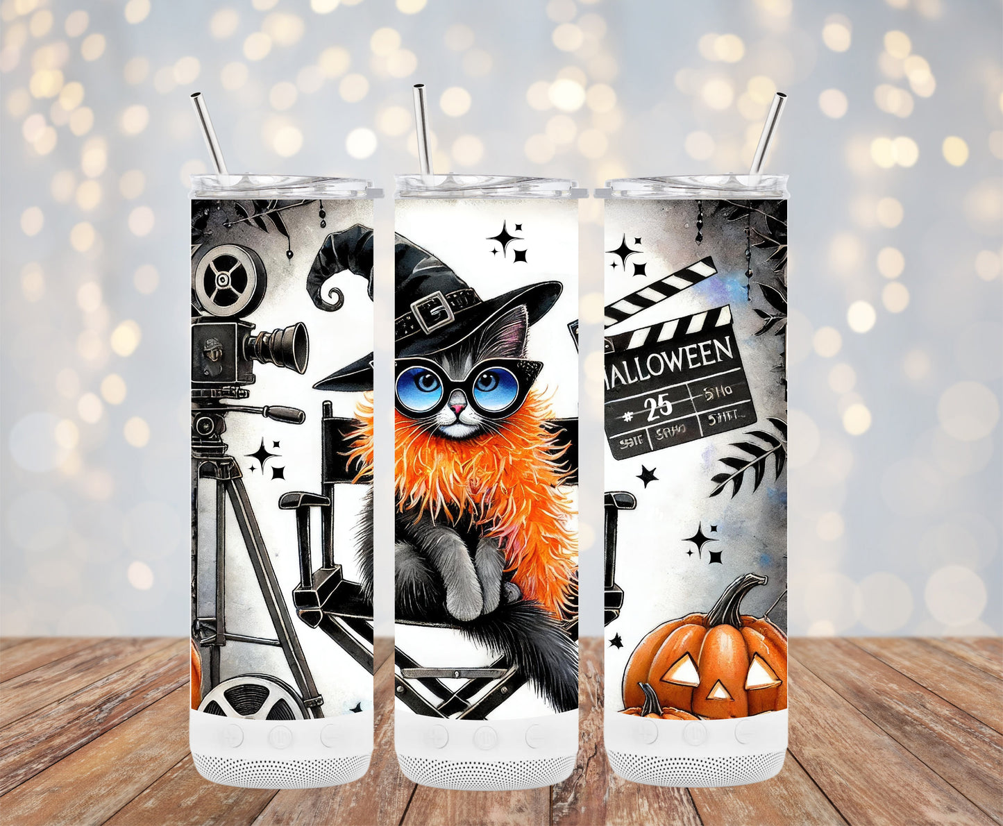 Halloween Cat With Hat And Glasses Film Scene Tumblers