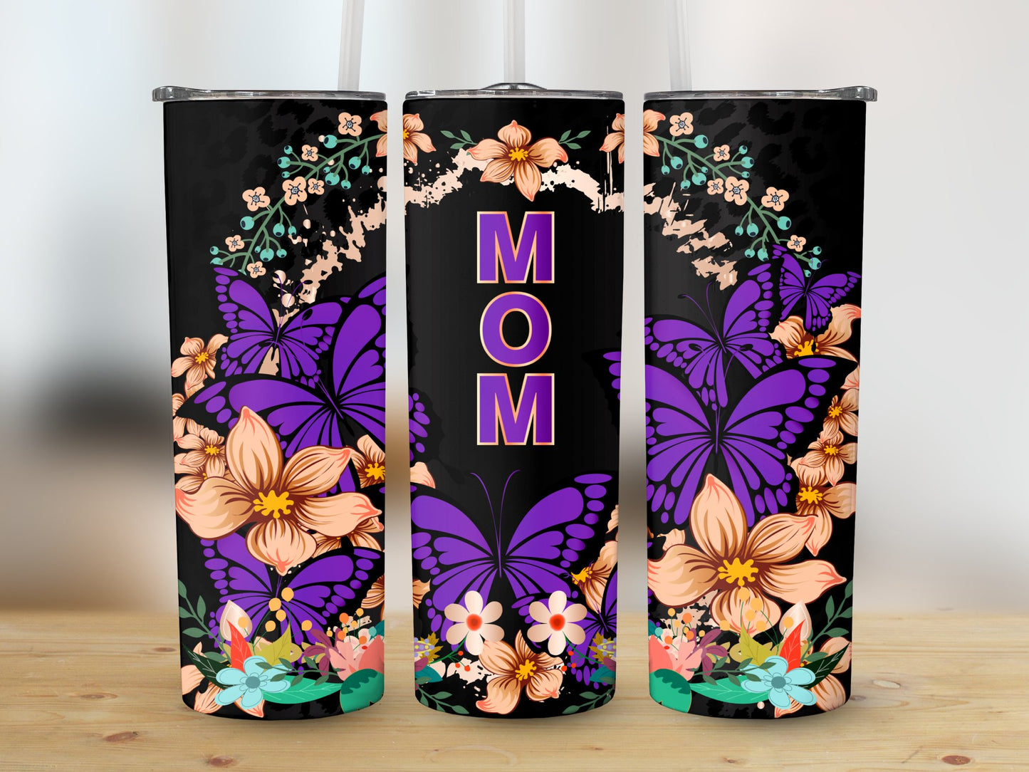 Mom Purple Butterflies & Flowers Tumbler