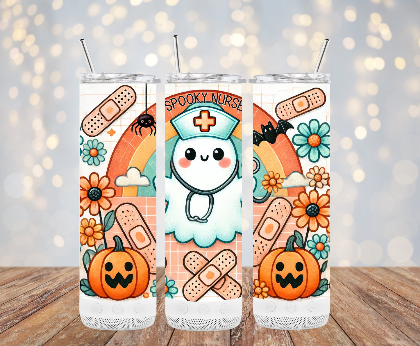 Spooky Nurse Ghost with Pumpkins and Bandages Tumblers