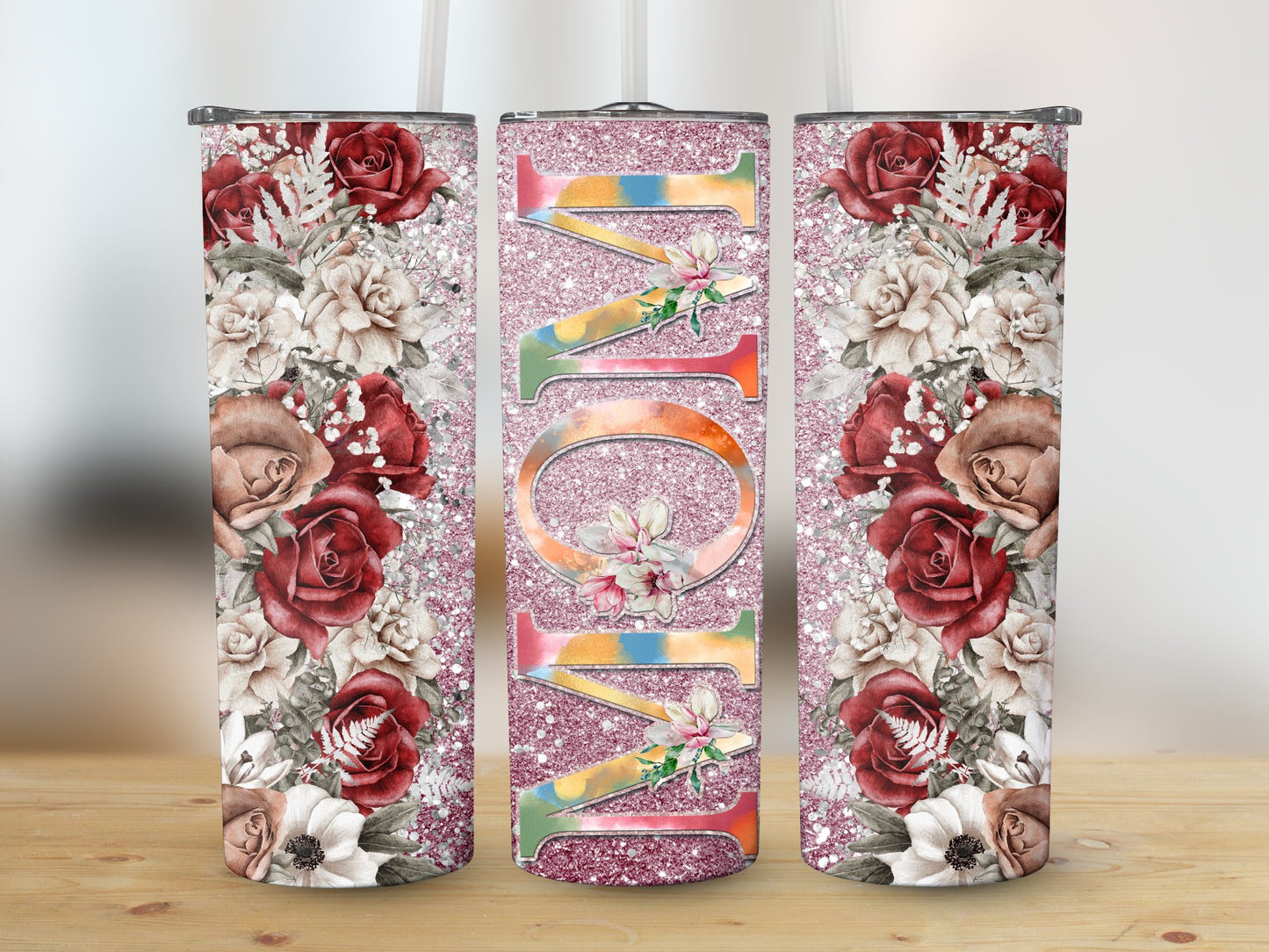 Mom Vintage Flower Glitter Look Tumbler