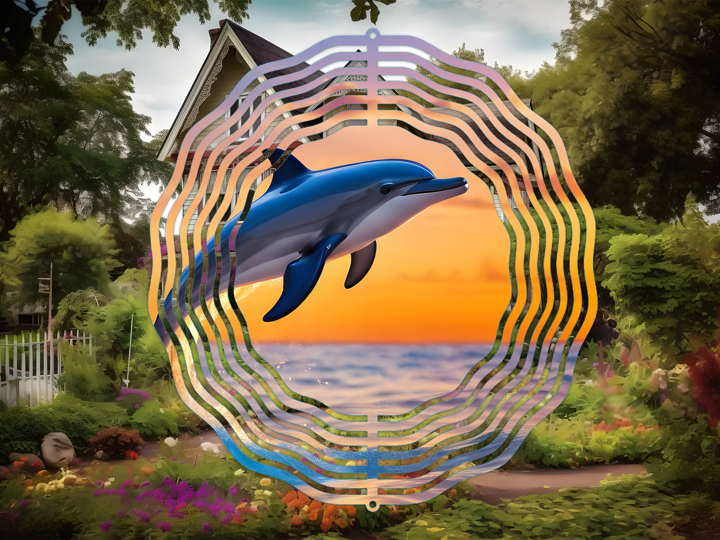 Dolphins and Sunset 3 Wind Spinner