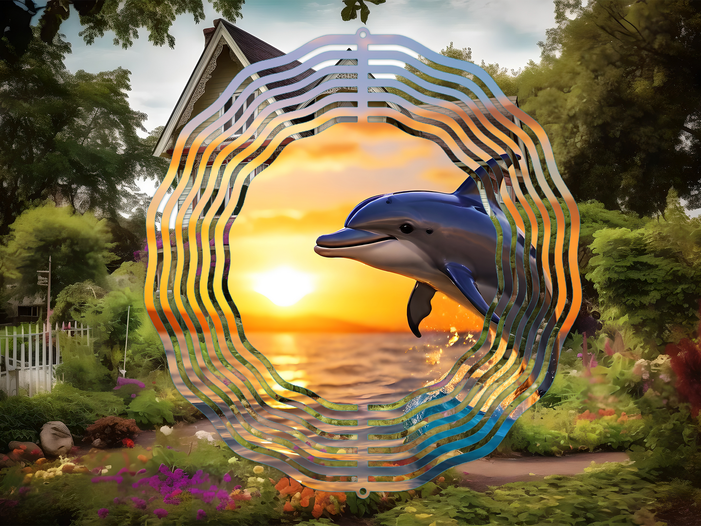 Dolphins and Sunset 7 Wind Spinner