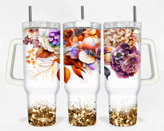 Flowers Golden Glitter 40 oz tumbler