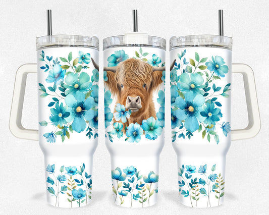 Highland Cow with Turquoise Flowers 40 oz Tumbler