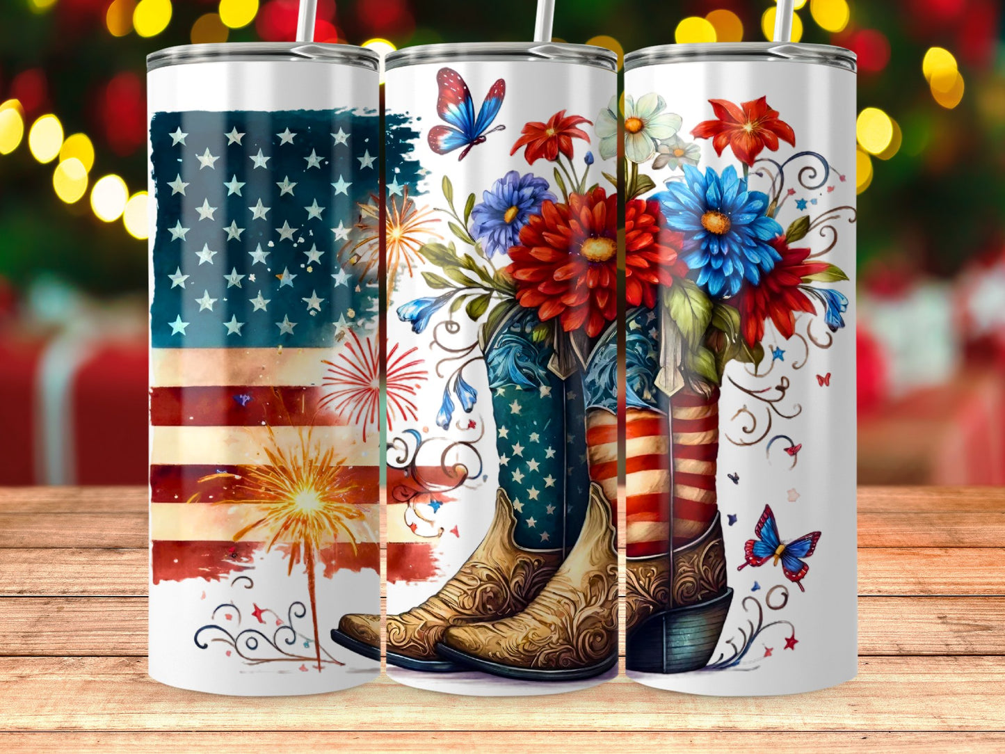 Patriotic Boots with Flowers and Butterflies (4th July Tumblers) 8371285