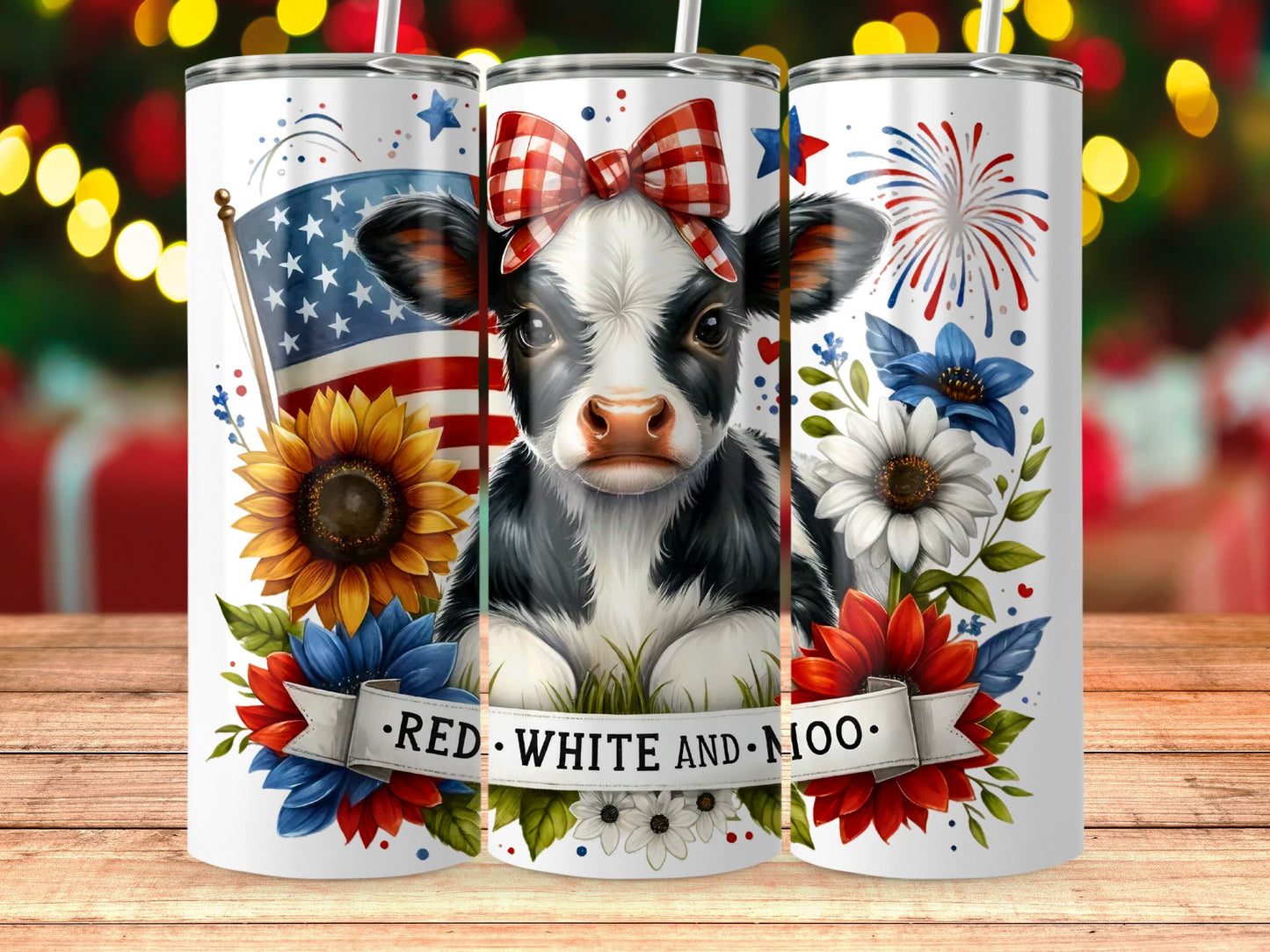 Patriotic Cow with American Flag and Sunflowers (4th July Tumblers) 8371271
