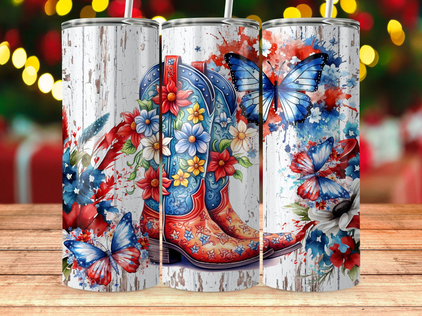 Colorful Cowboy Boots and Butterflies Floral (4th July Tumblers) 8371287