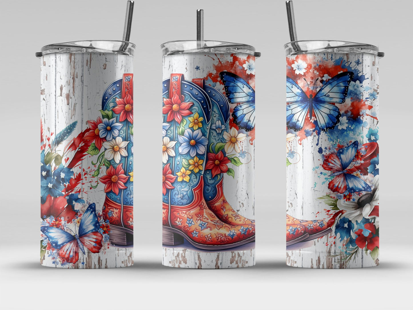 Colorful Cowboy Boots and Butterflies Floral (4th July Tumblers) 8371287