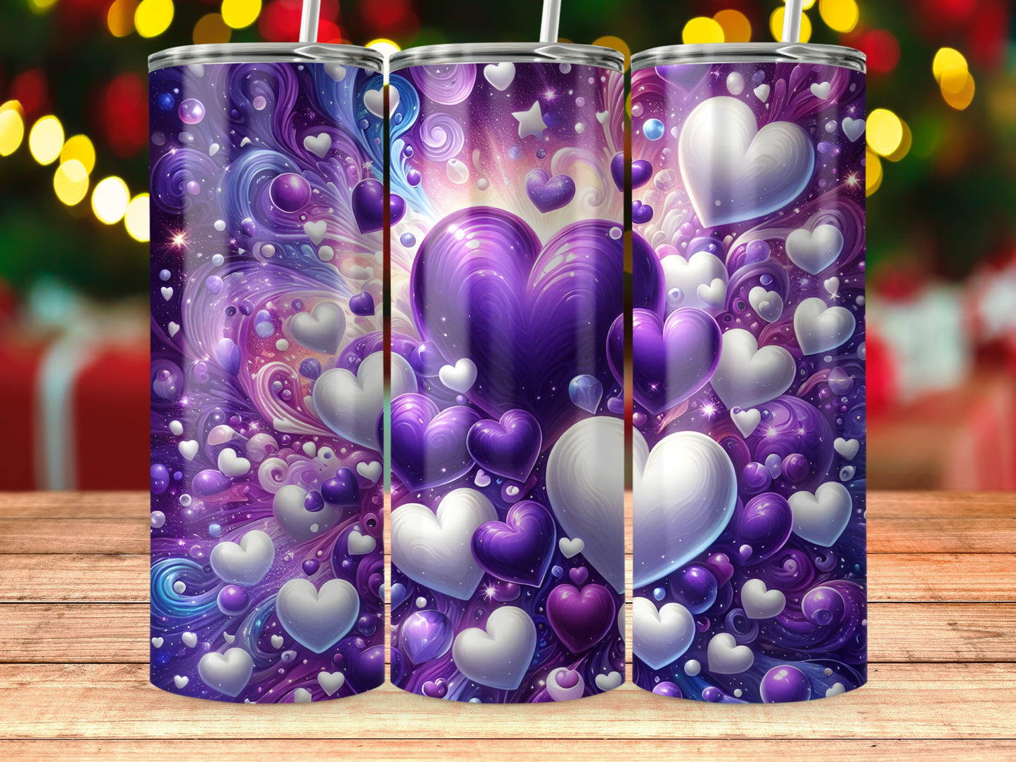 Purple and White Hearts Design Tumbler Cup Stylish Drinkware