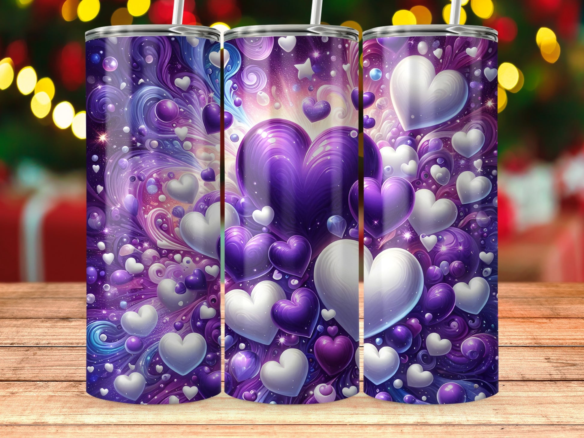 Purple and White Hearts Design Tumbler Cup Stylish Drinkware