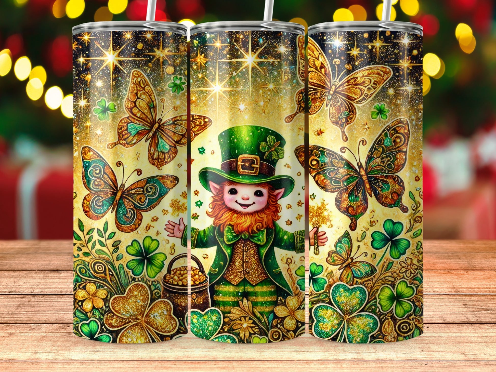 Festive Leprechaun Shamrock and Butterfly Tumbler Cup