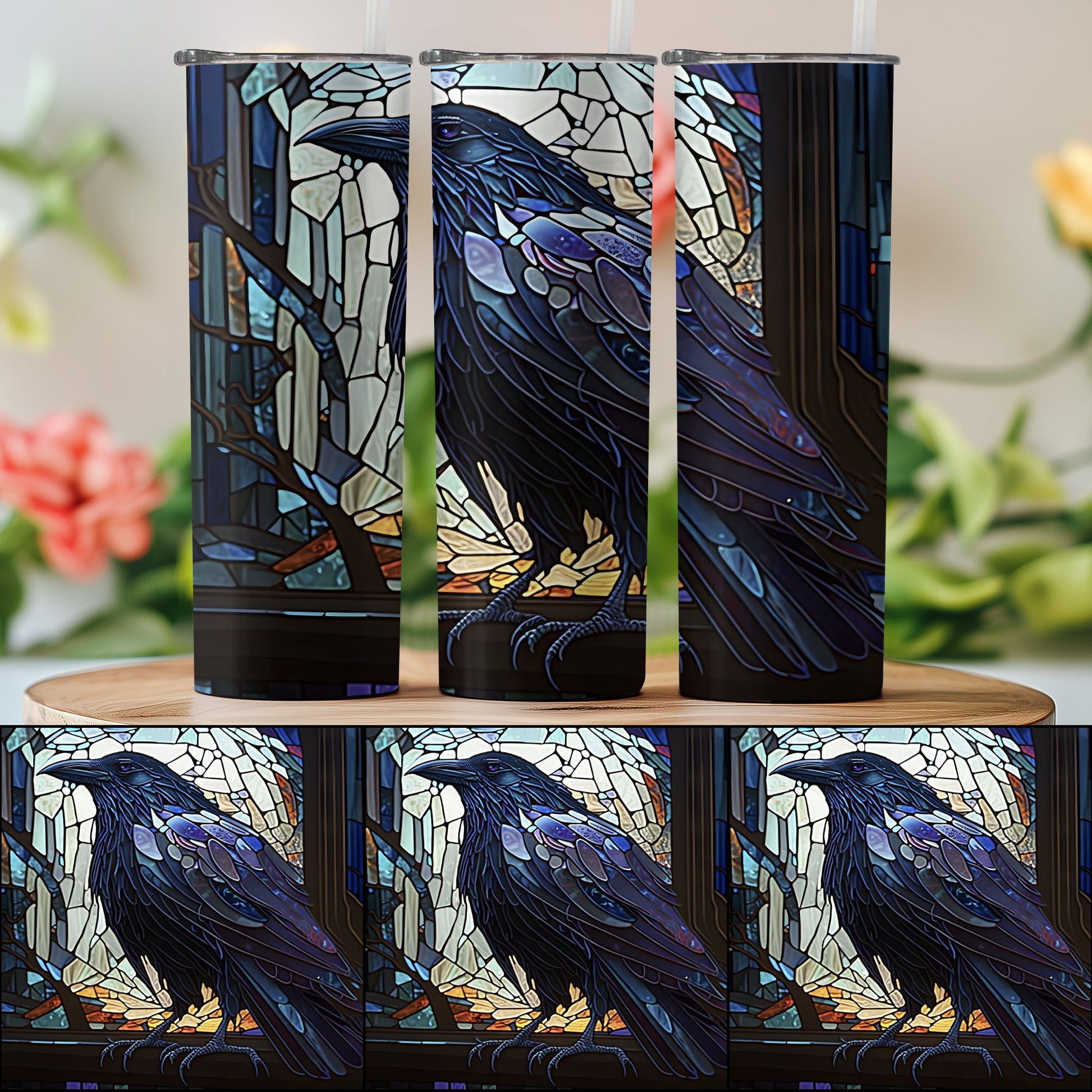 Stained Glass Raven Tumbler with Lid Travel Mug product