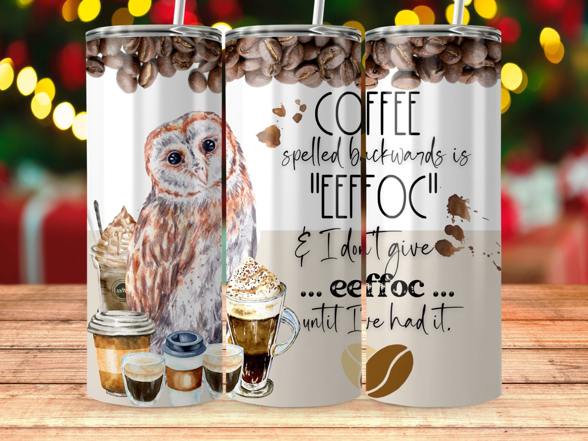 Coffee Spelled Backwards Owl Design Tumbler product type