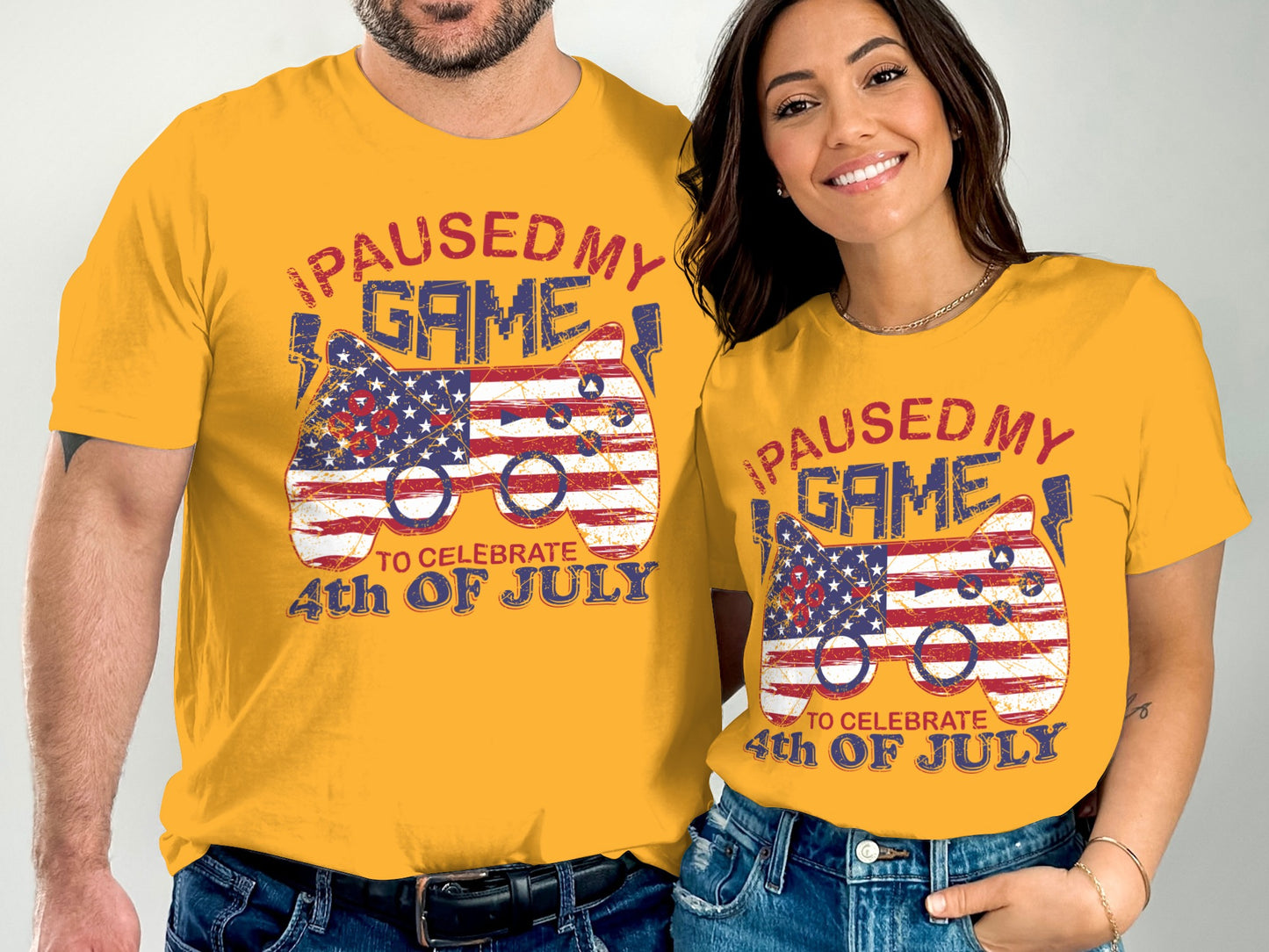Yellow t-shirts with "I paused my game to celebrate 4th of July" text and American flag controller.