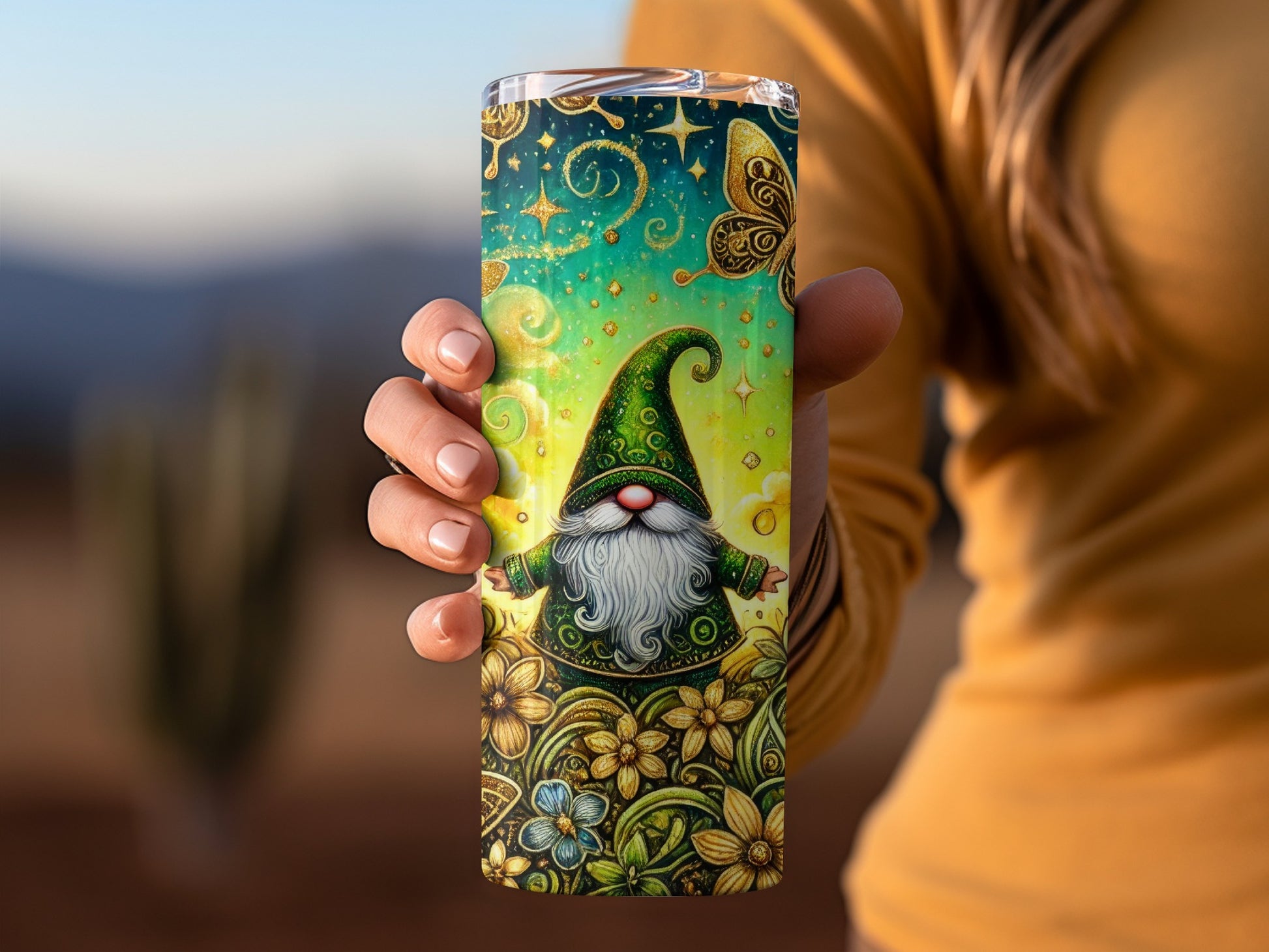 Enchanting Gnome with Butterfly Travel Tumbler Cup