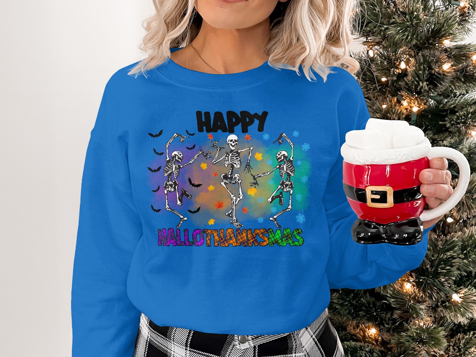 Happy Hallothanksmas Skeletons Design Sweatshirt