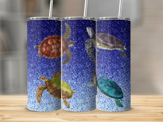 Colorful Sea Turtles on Blue Glitter Tumbler product