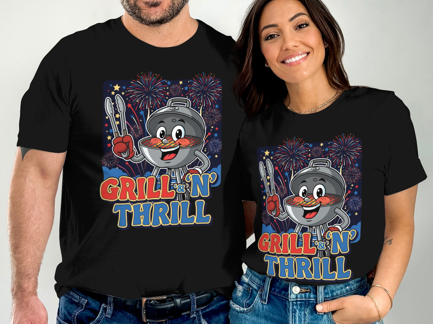 Couple wearing black t-shirts with "Grill 'N' Thrill" barbecue graphic.