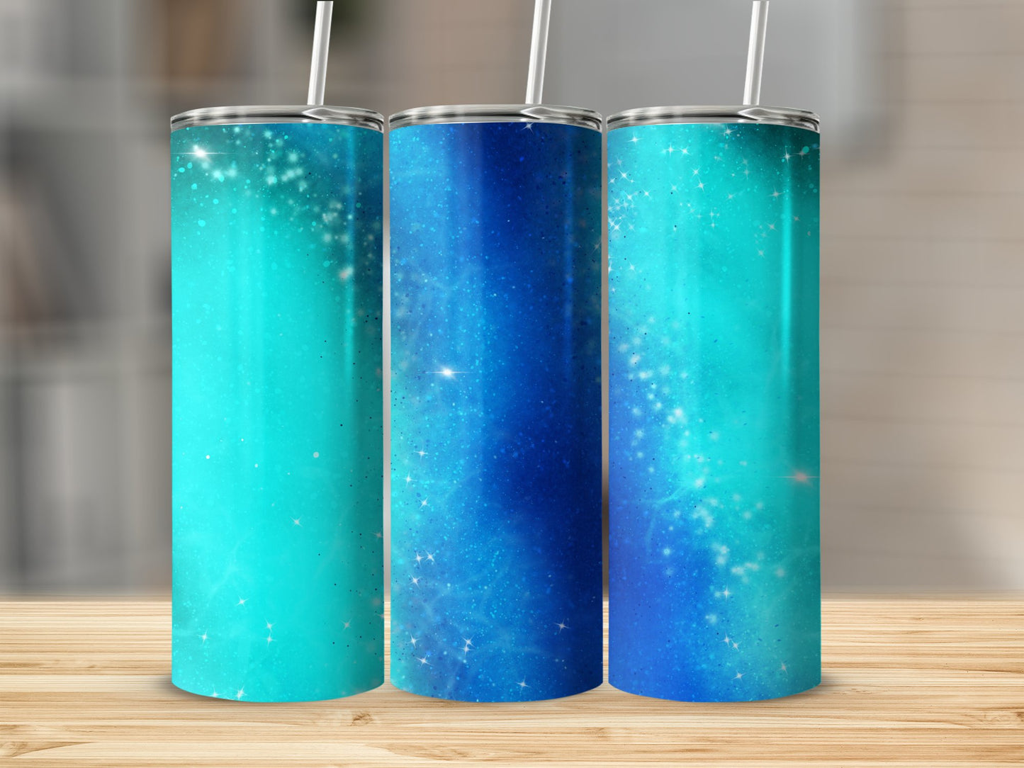 Sparkling Blue and Aqua Galaxy Themed Tumbler product