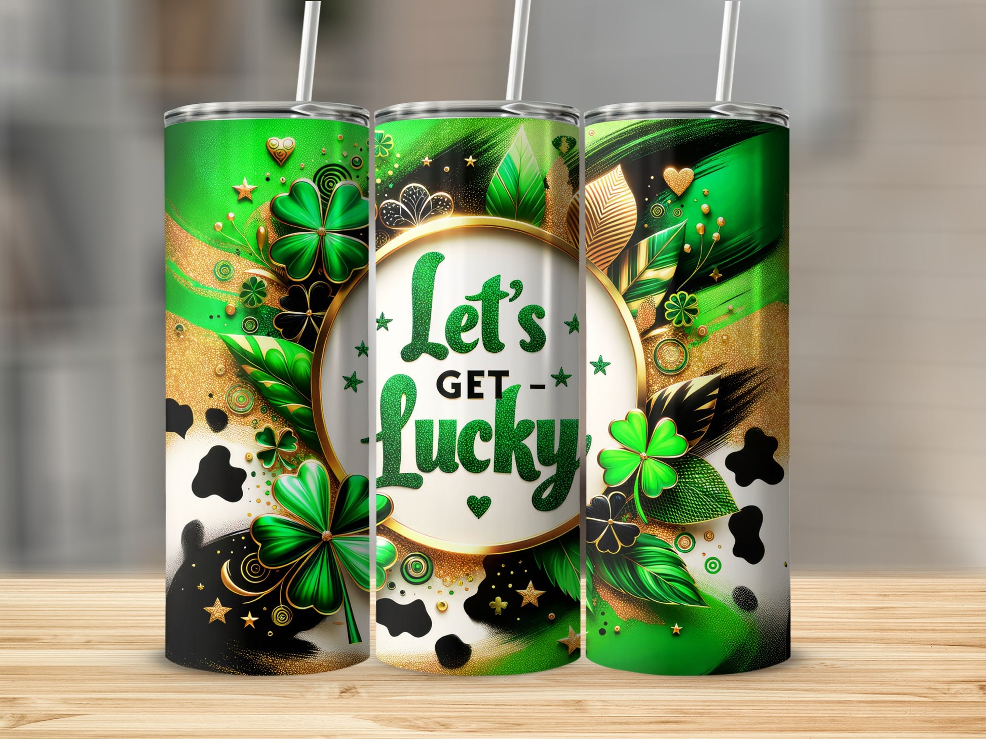 Let's Get Lucky Shamrock Green Gold Cow Print Tumbler