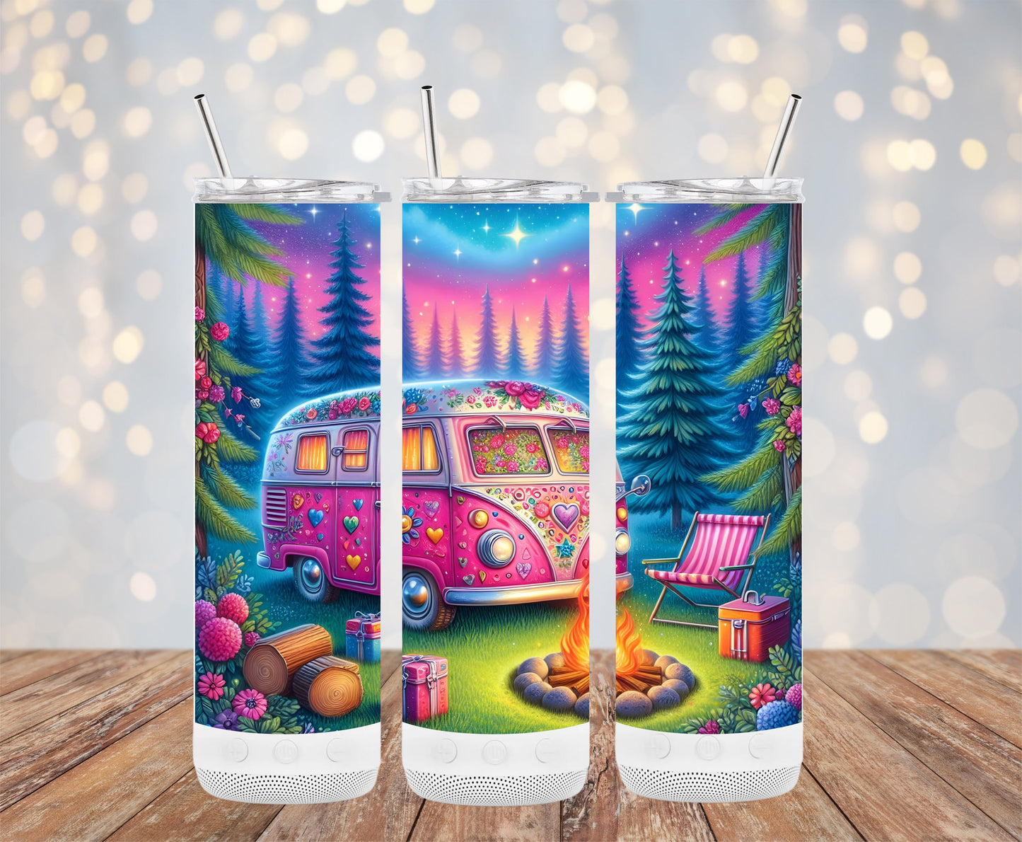 Vibrant Boho Camper Van With Campfire Tumbler Product