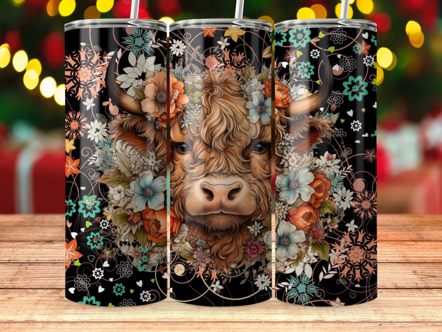 Colorful Highland Cow Flowers Print Travel Cup product