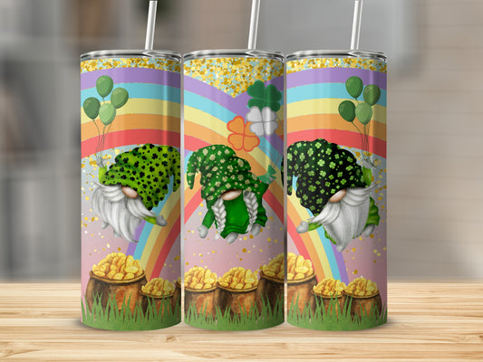 Colorful Lucky Gnome with Rainbow and Gold Tumbler