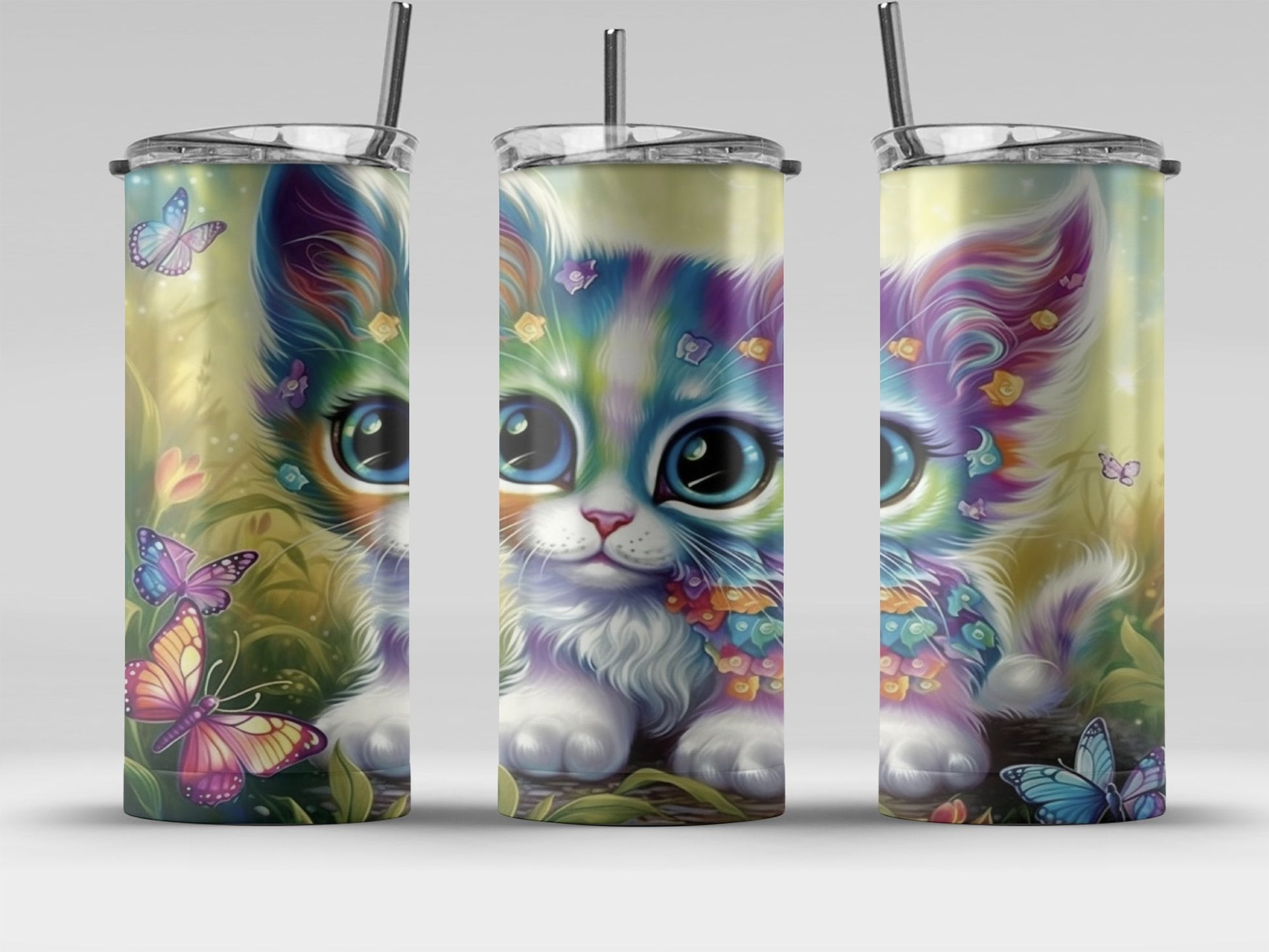 Cute Colorful Cat and Butterflies Design Tumbler product