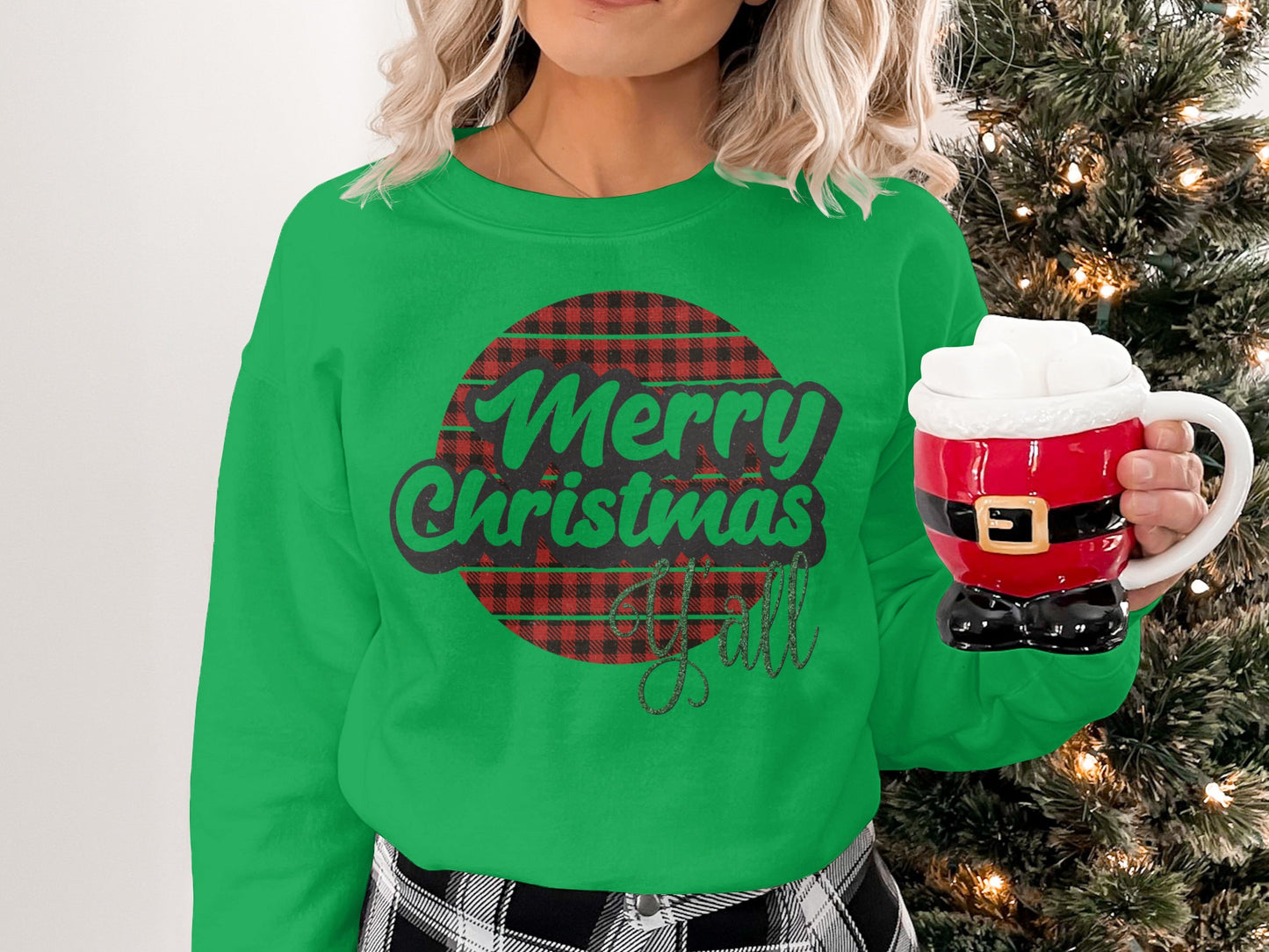 Merry Christmas Y'all Plaid Print Holiday Sweatshirt