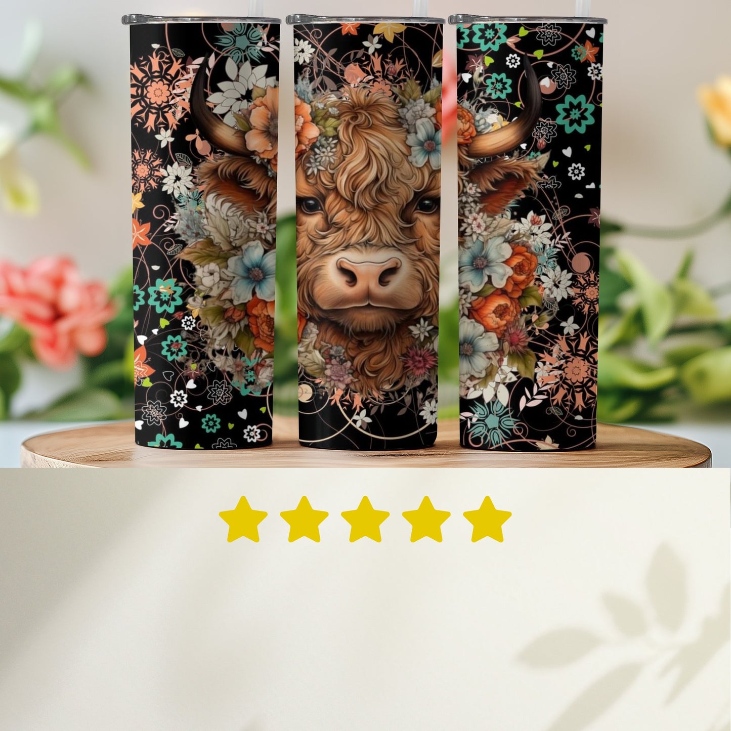 Floral Highland Cow Design Insulated Tumbler product