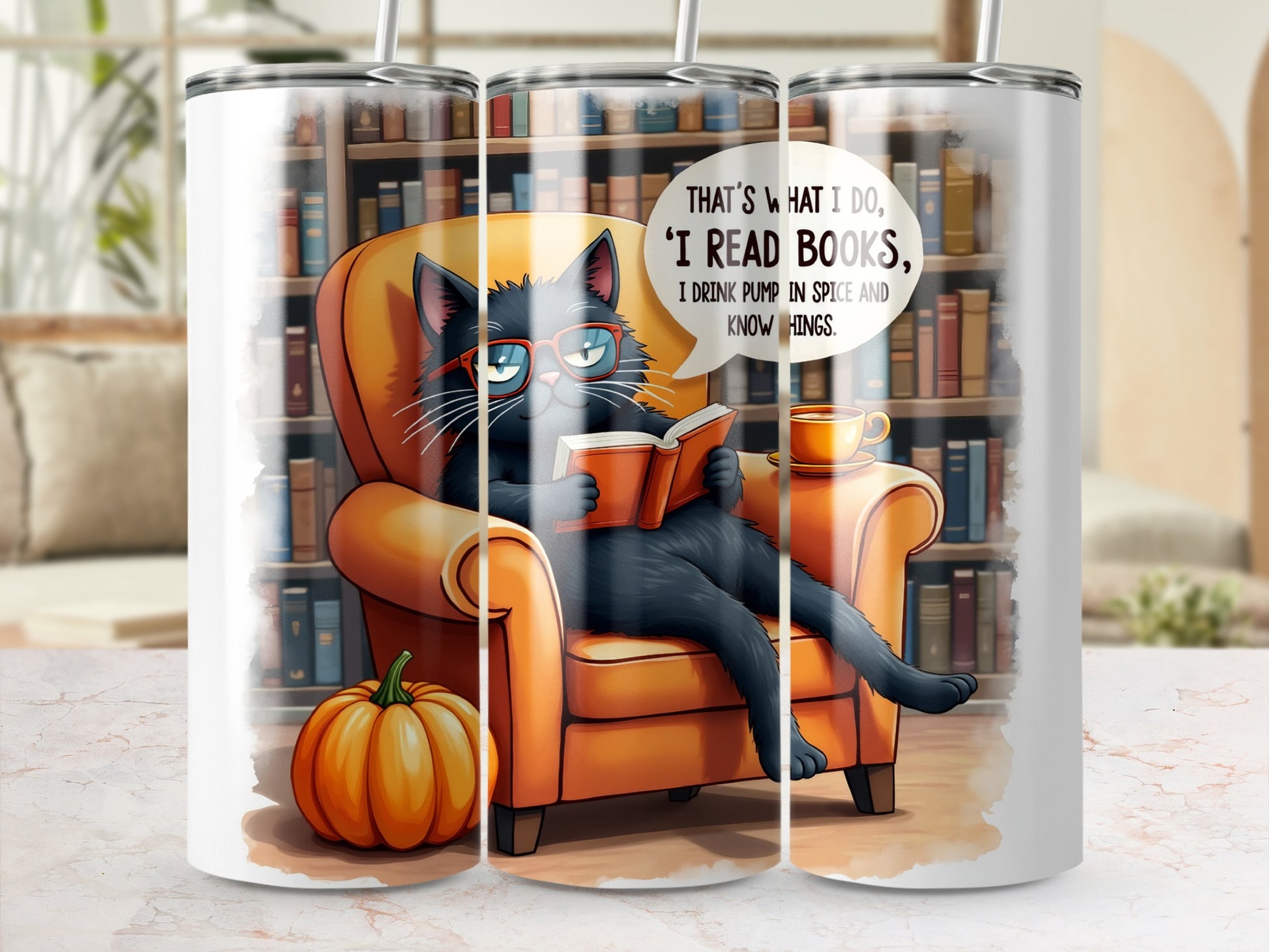 Black Cat Reading Books Pumpkin Spice Tumbler