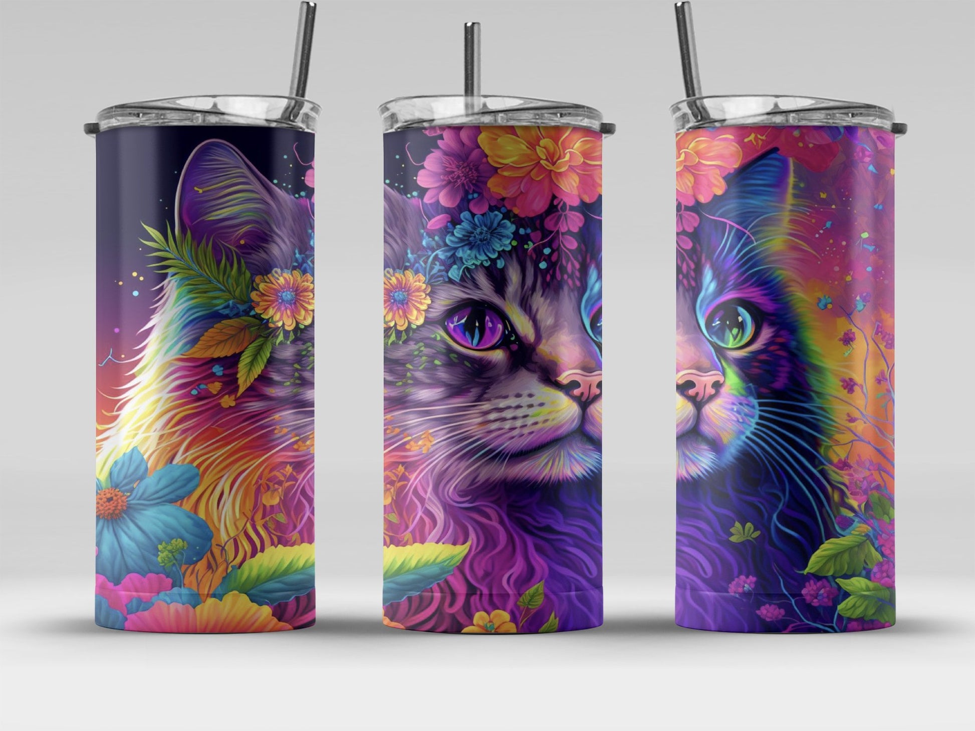 Colorful Cat Art Tumbler Cup with Flowers Design product type