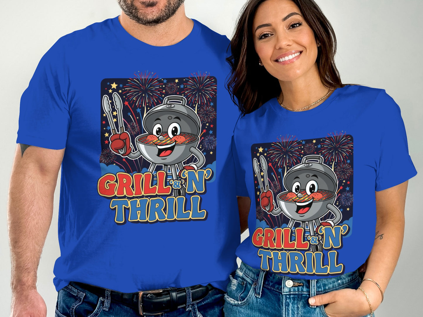 Couple wearing matching "Grill 'N' Thrill" t-shirts with cartoon grill graphic.