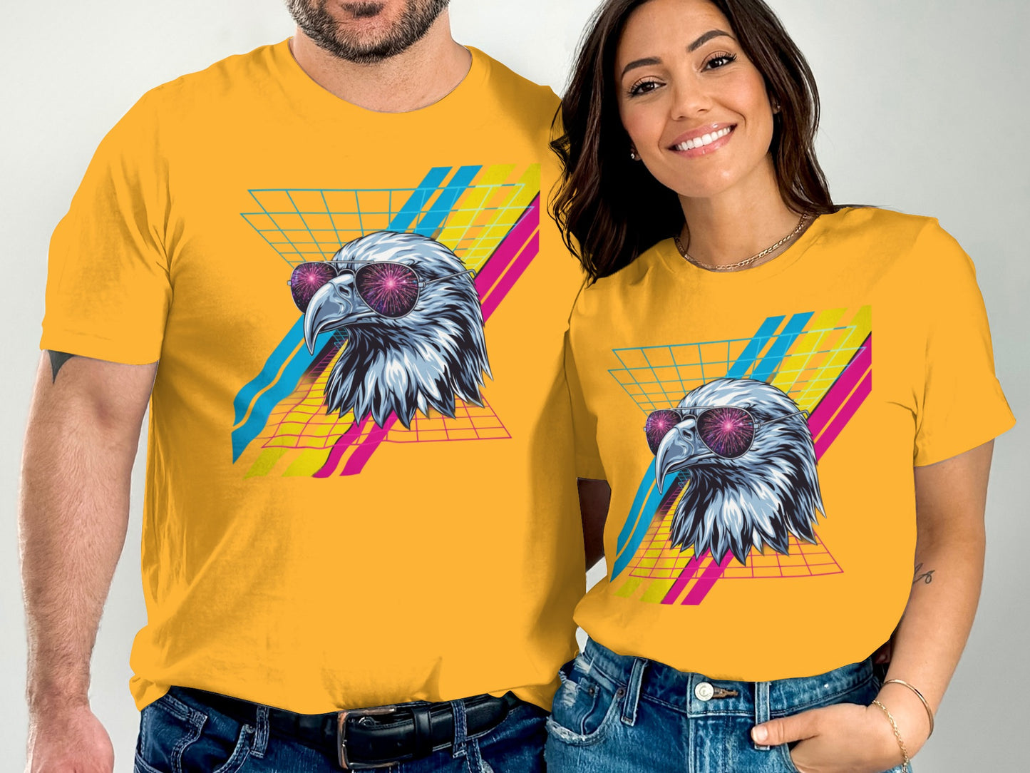 Yellow t-shirts with eagle graphic and retro grid design.