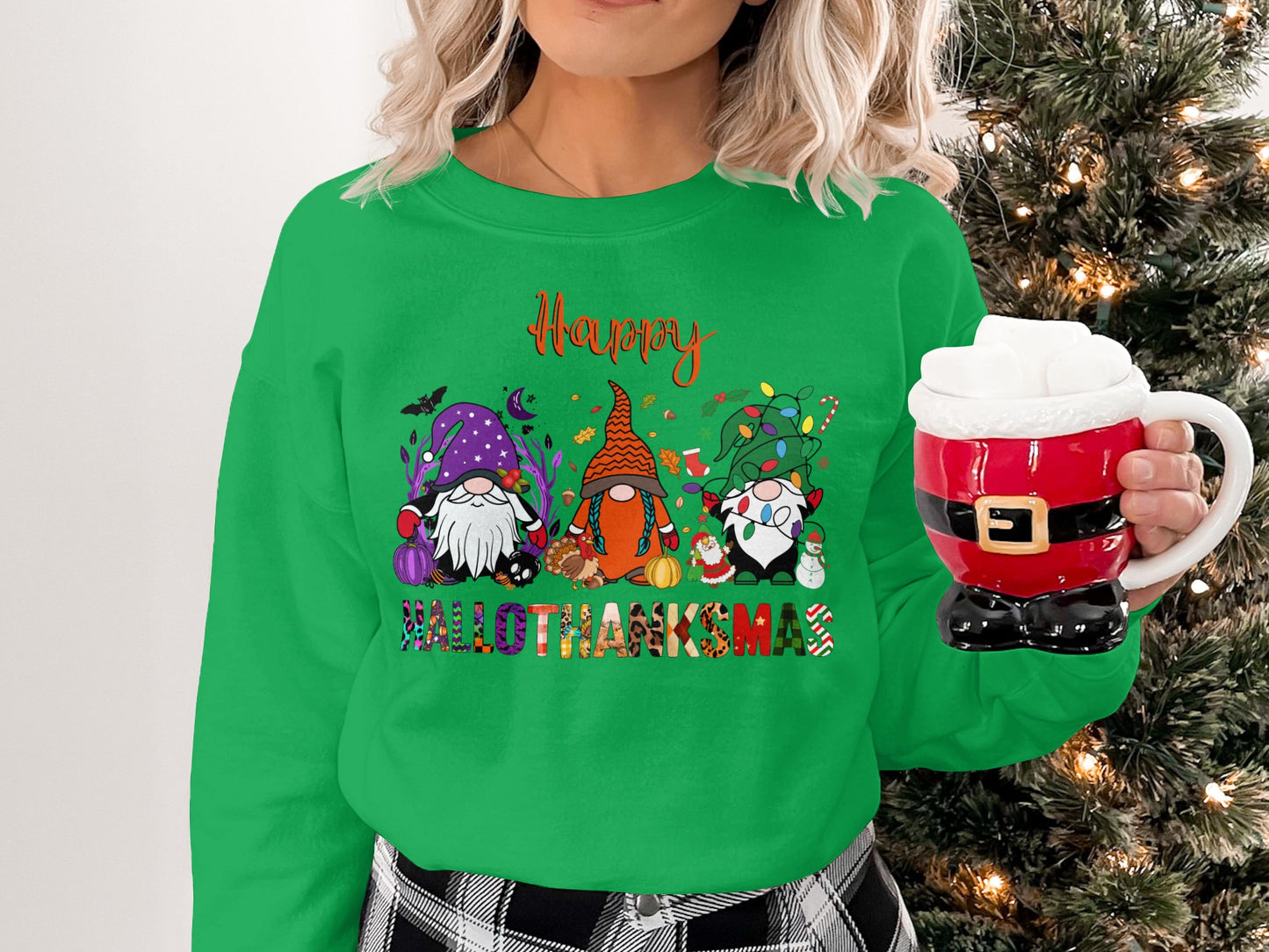 Happy Hallothanksmas Sweatshirt with Gnome Design