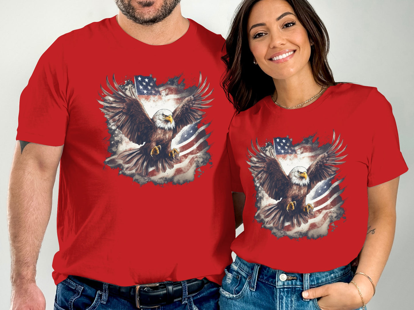 Red t-shirts with distressed eagle and American flag graphic.