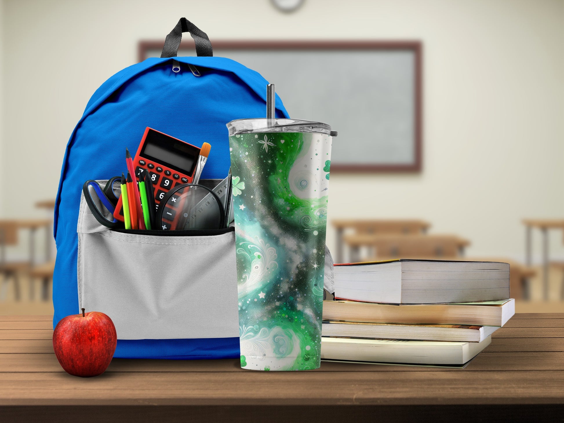 Blue Backpack with School Supplies and Tumbler