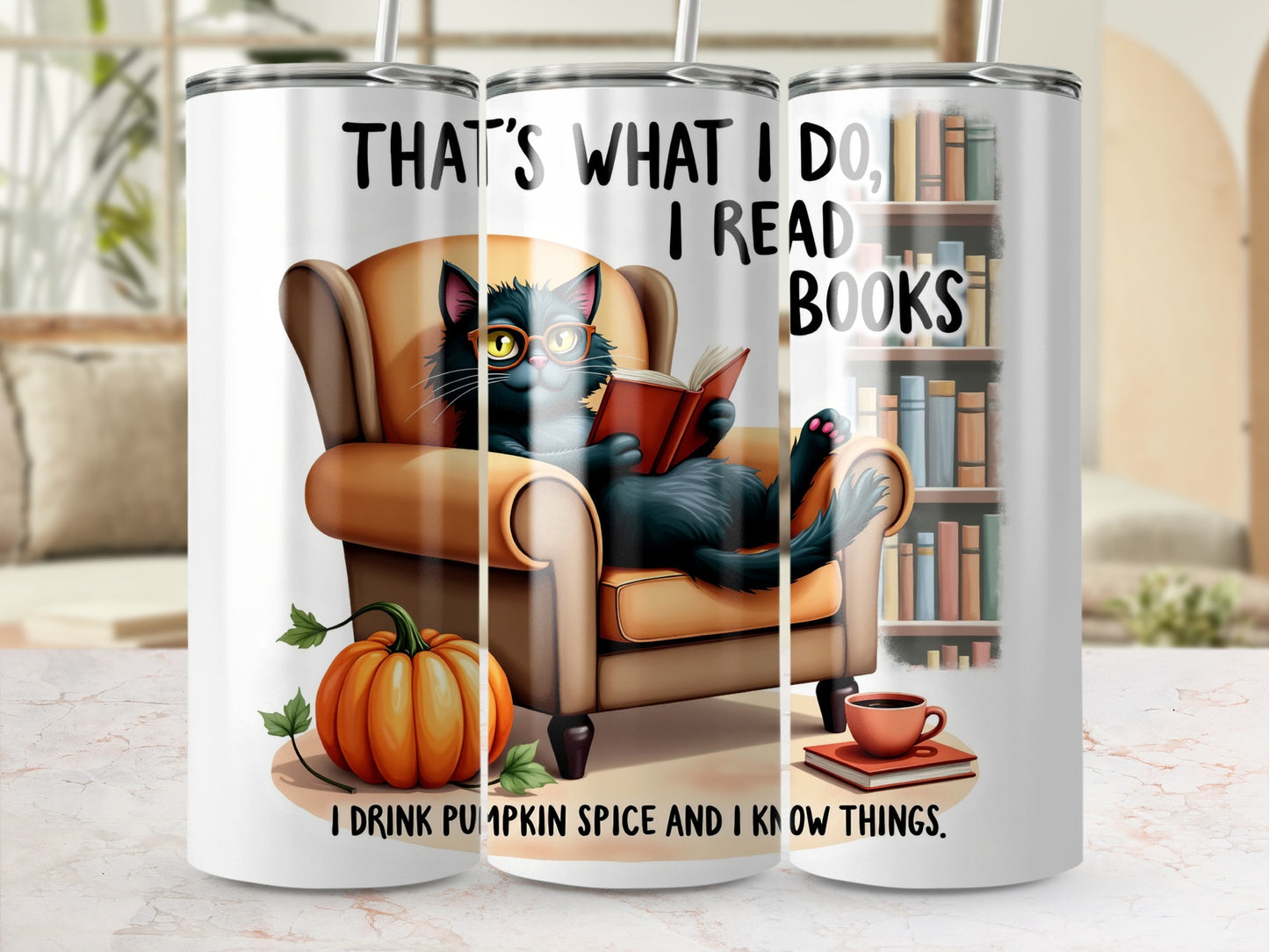 Black Cat Reading Books Pumpkin Spice Tumbler Cup