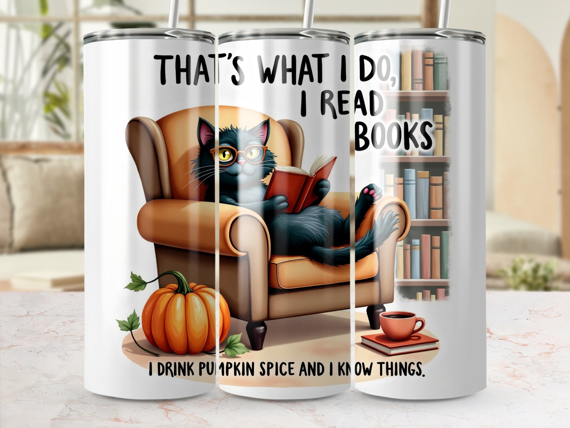 Black Cat Reading Books Pumpkin Spice Tumbler Cup