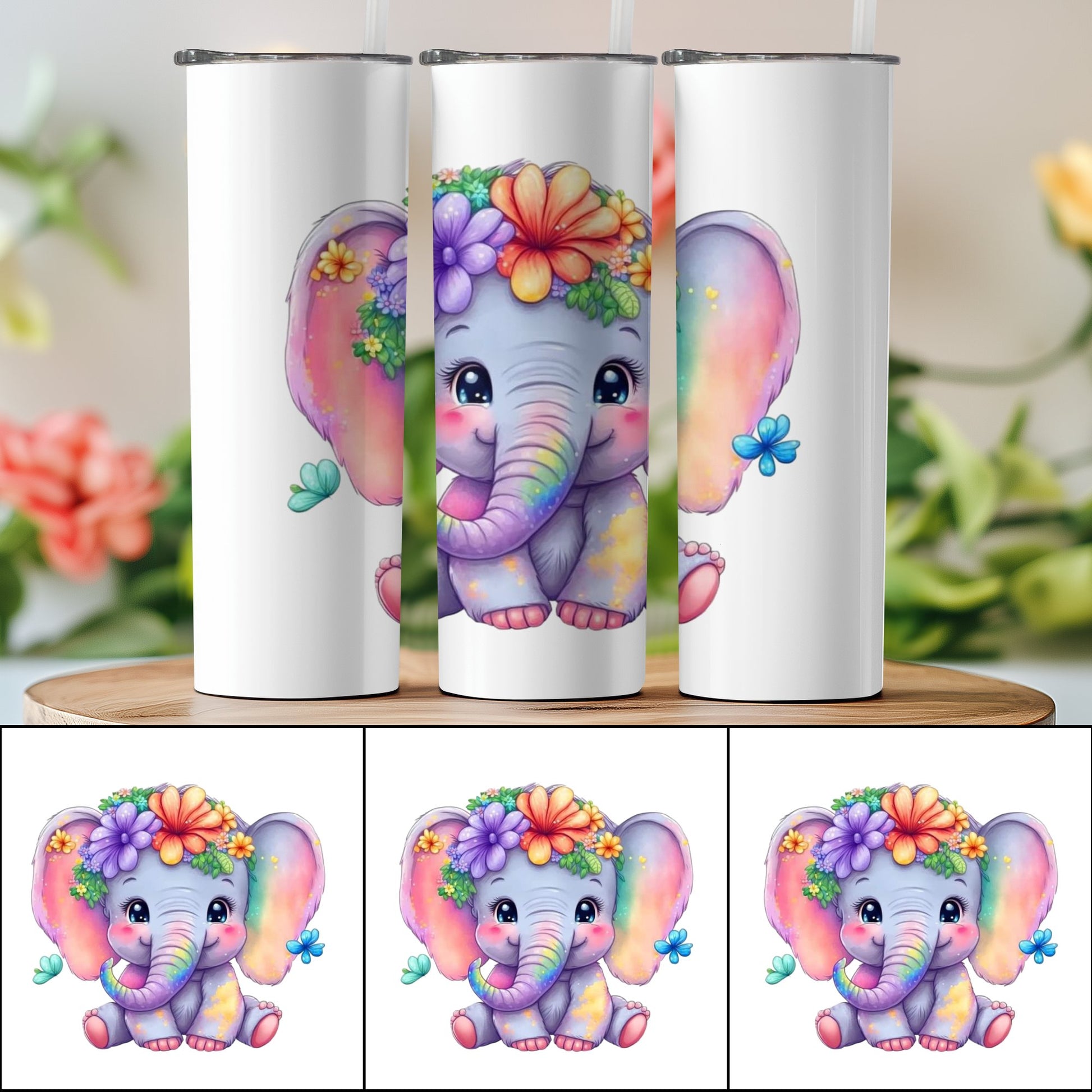Cute Colorful Elephant With Flowers Tumbler product