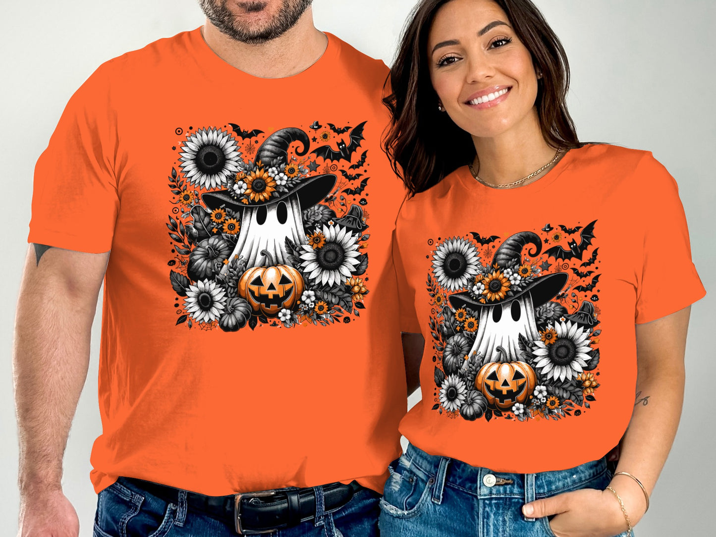 Halloween Ghost Pumpkin and Flowers Design Shirt product
