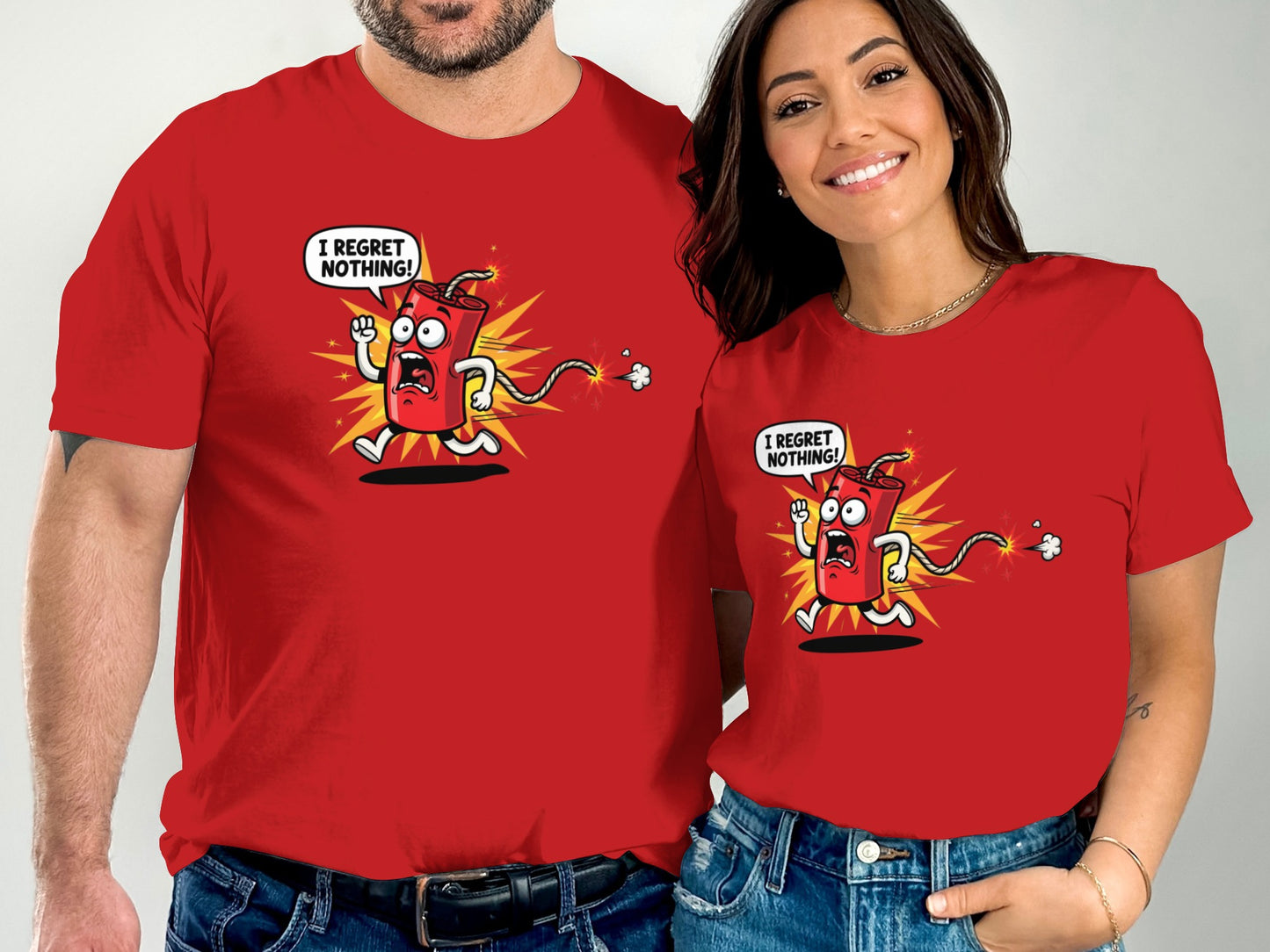 Couple in red t-shirts with cartoon characters exclaiming "I regret nothing!".