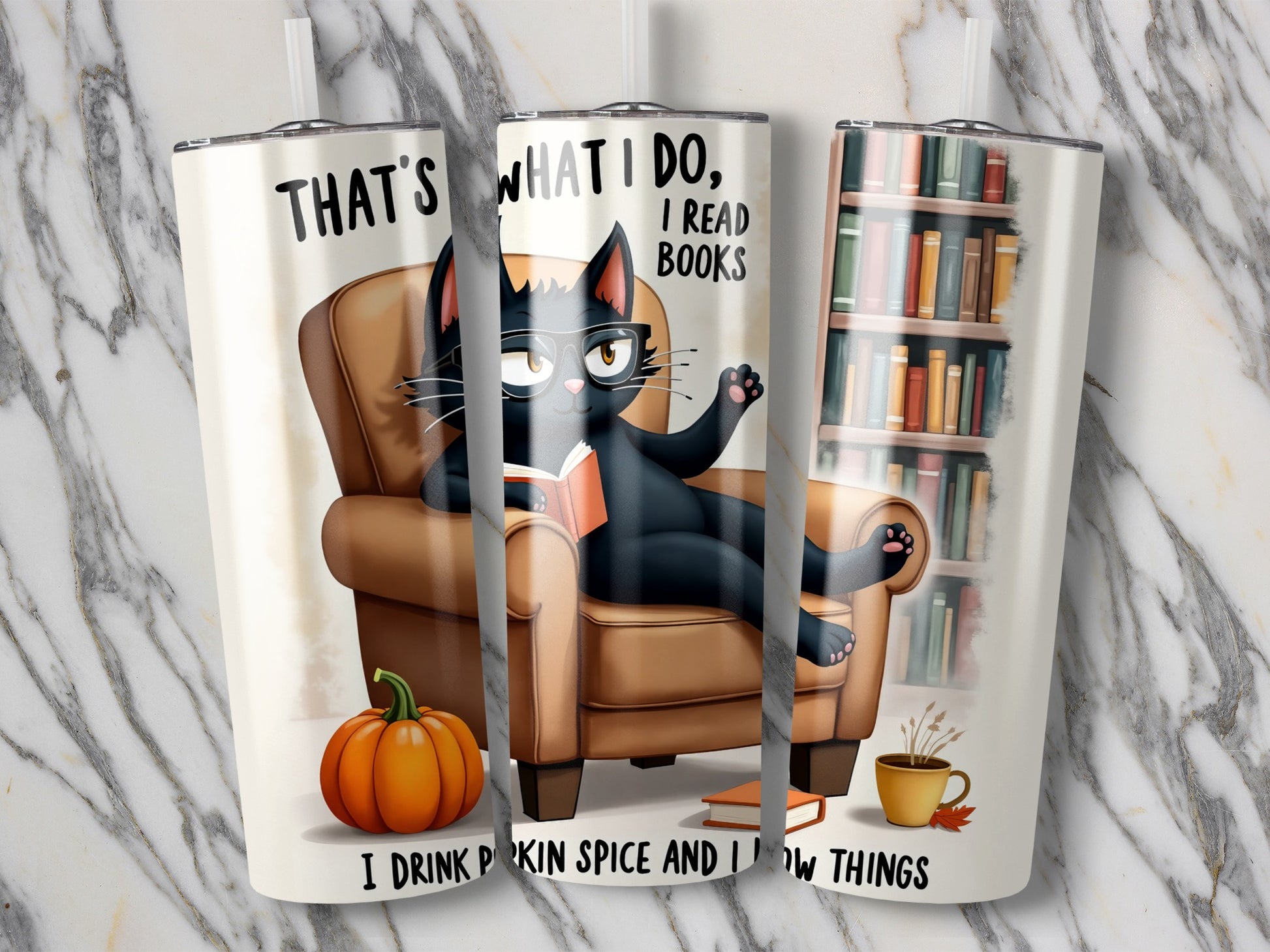 Black Cat Drinking Pumpkin Spice Reading Books Tumbler
