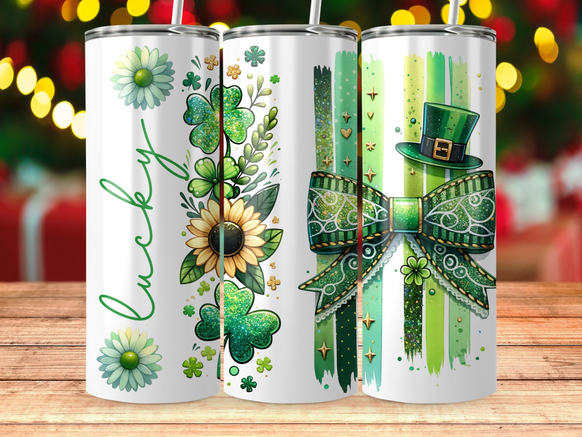 Lucky Clover Bowtie and Flowers Design Tumbler