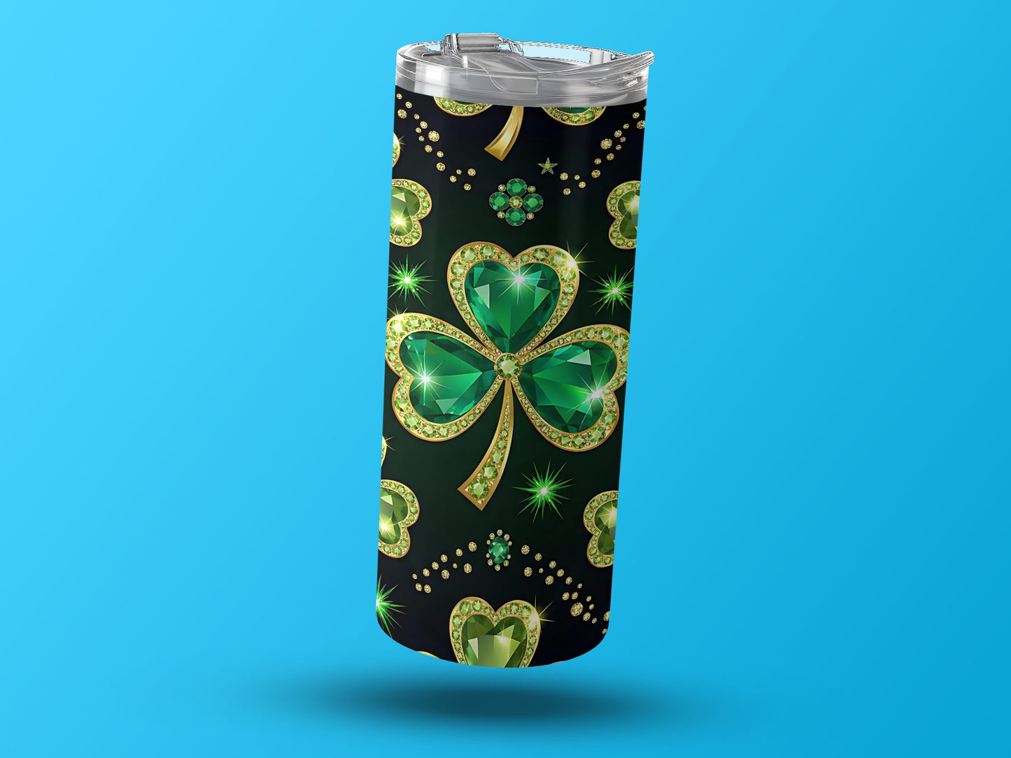Green Jeweled Shamrock Design Tumbler with Lid