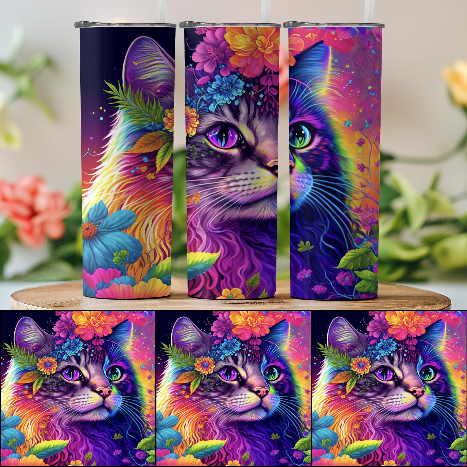 Colorful Floral Cat Design Vacuum Tumbler product