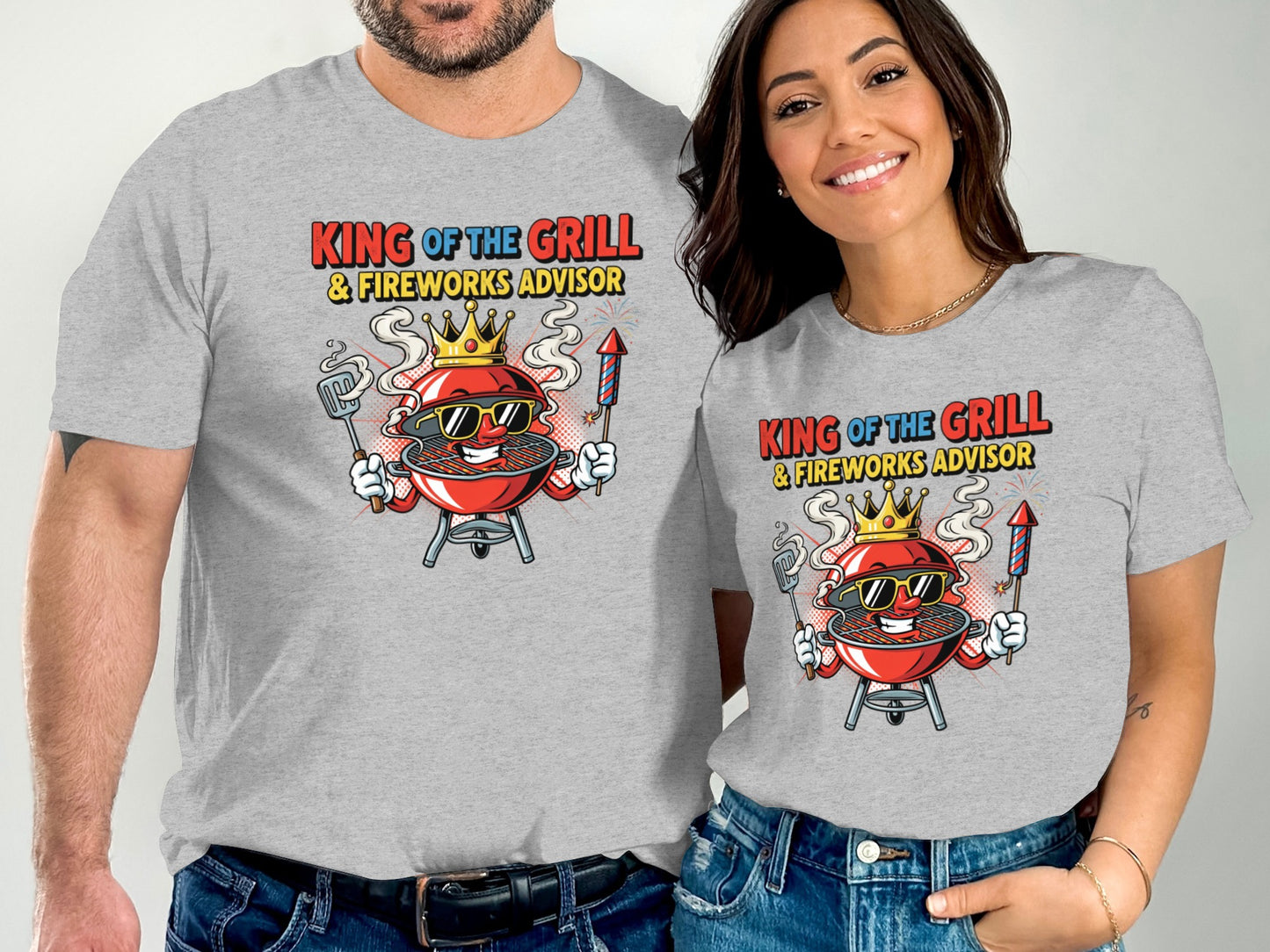 T-shirts with King of the Grill & Fireworks Advisor text and cartoon grill.