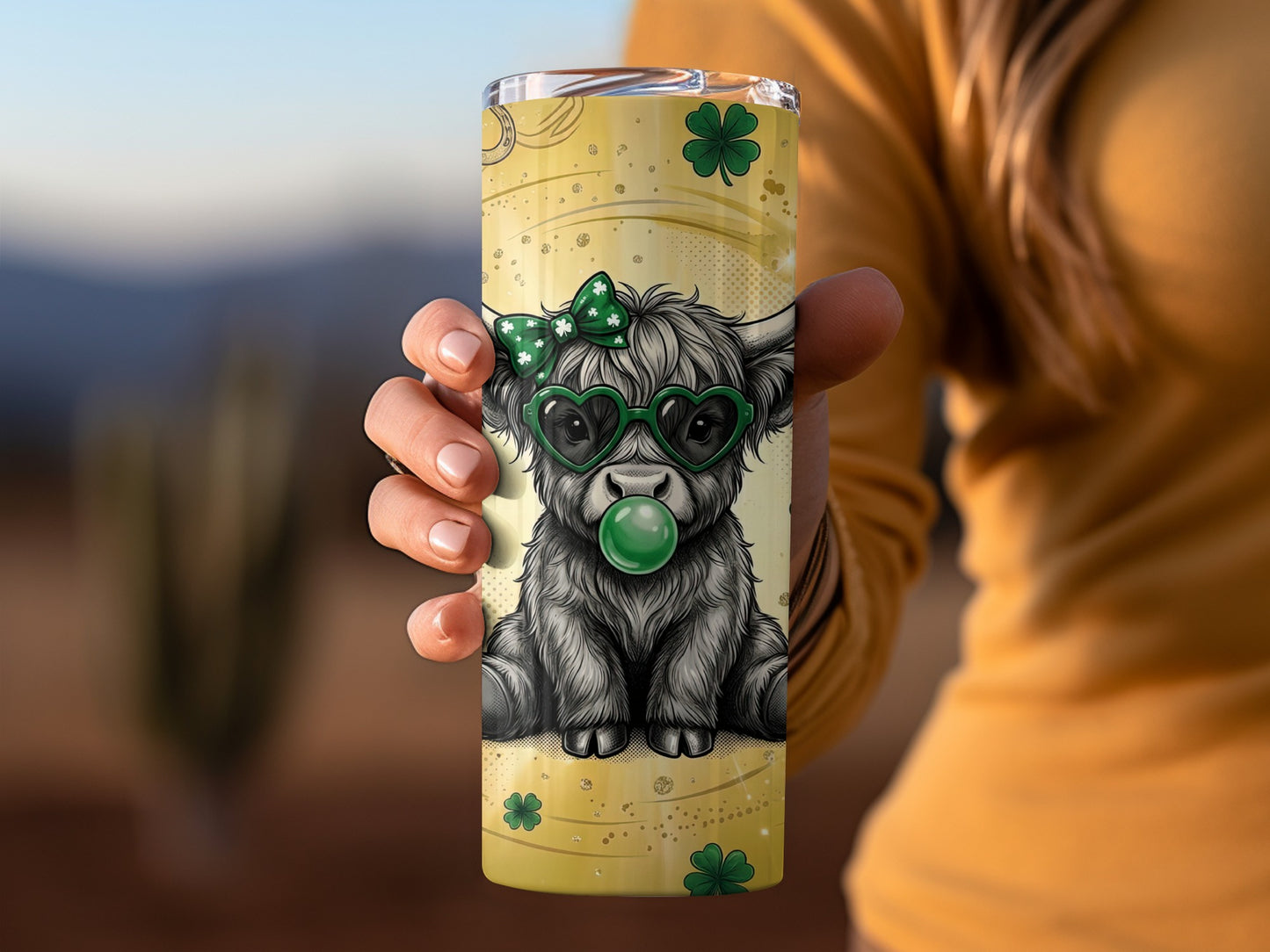 Cute Highland Cow with Green Bow and Sunglasses Tumbler