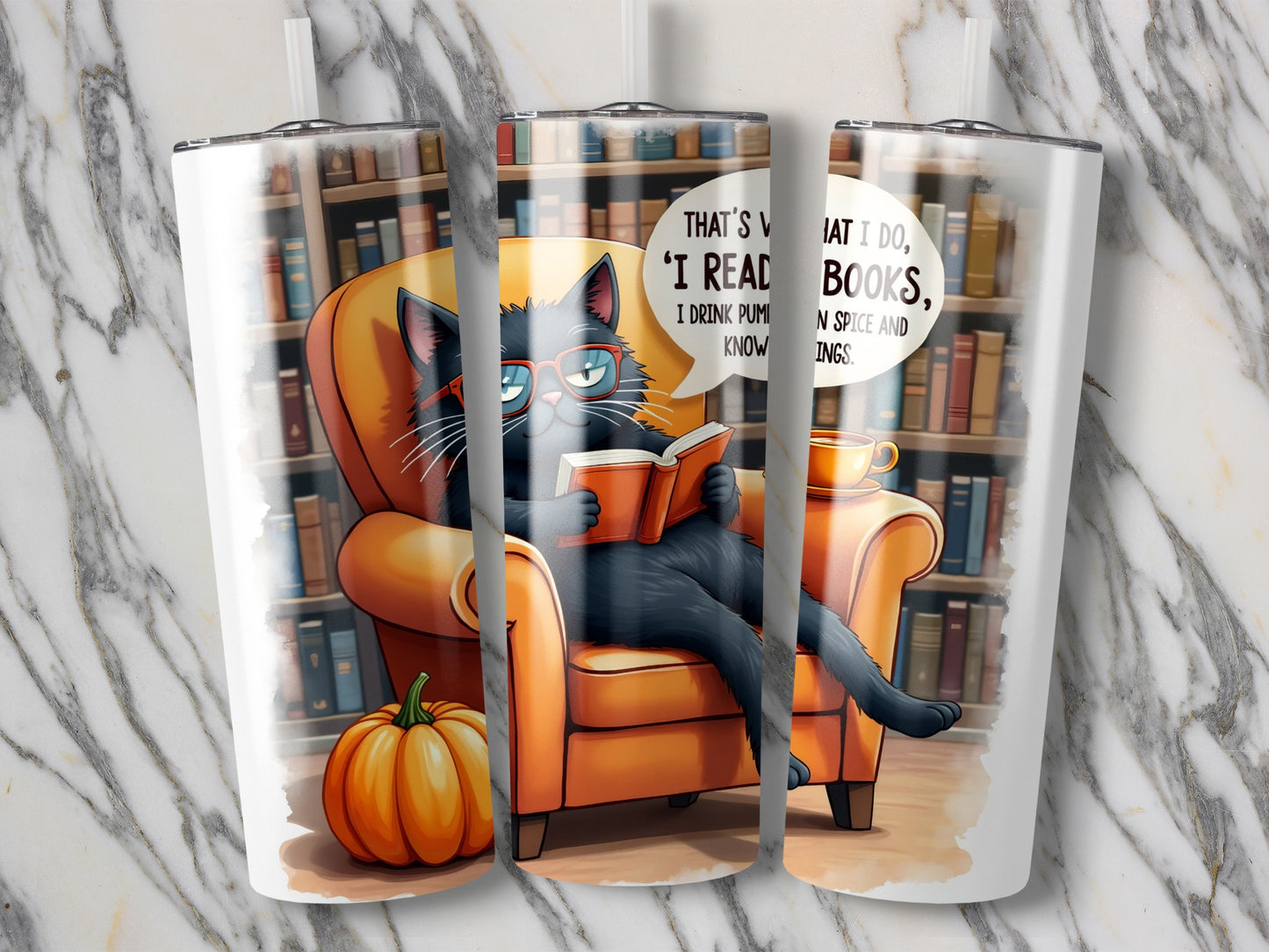 Cute Cat Reading Book with Coffee Pumpkin Tumbler