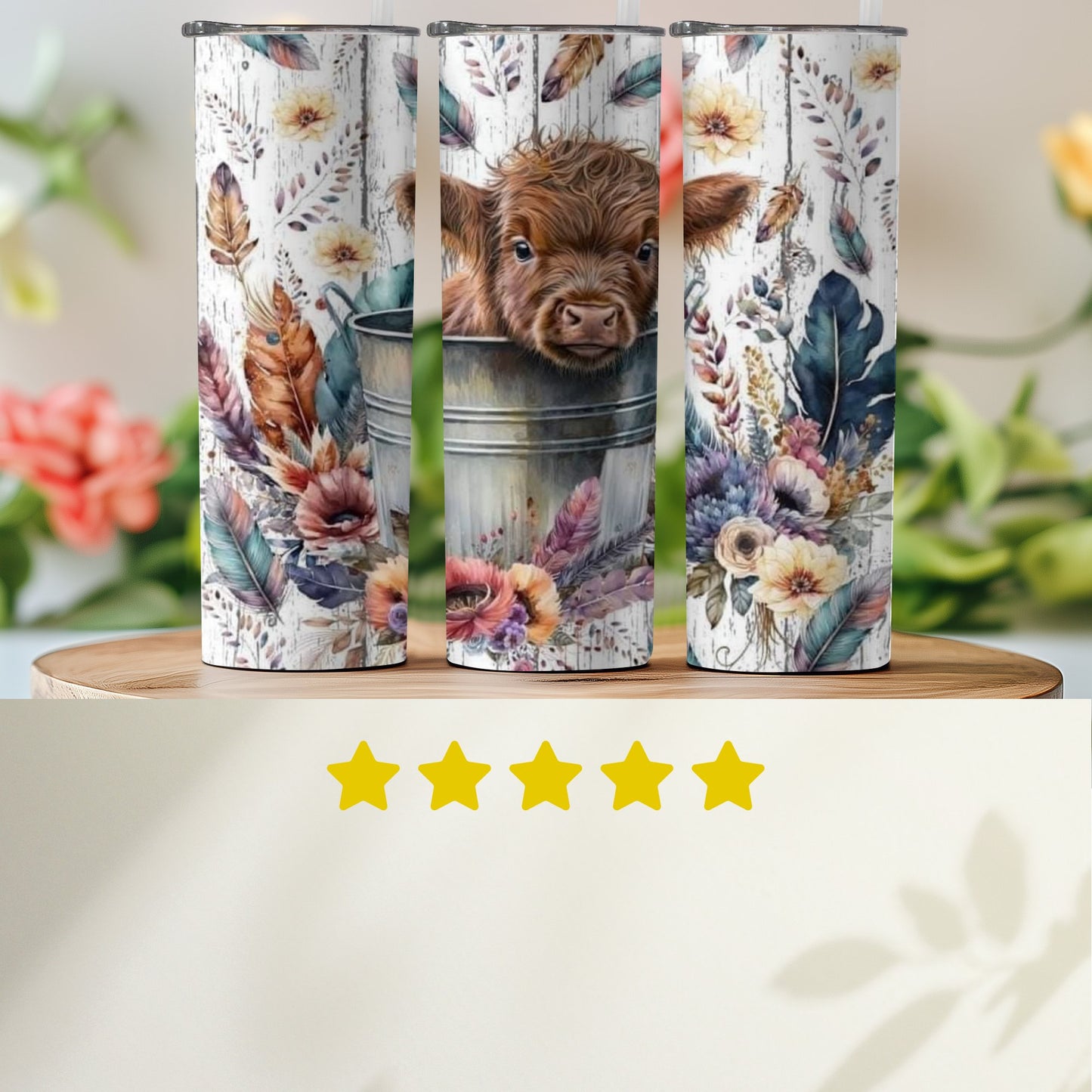 Floral Highland Cow Tumbler with Rustic Background product